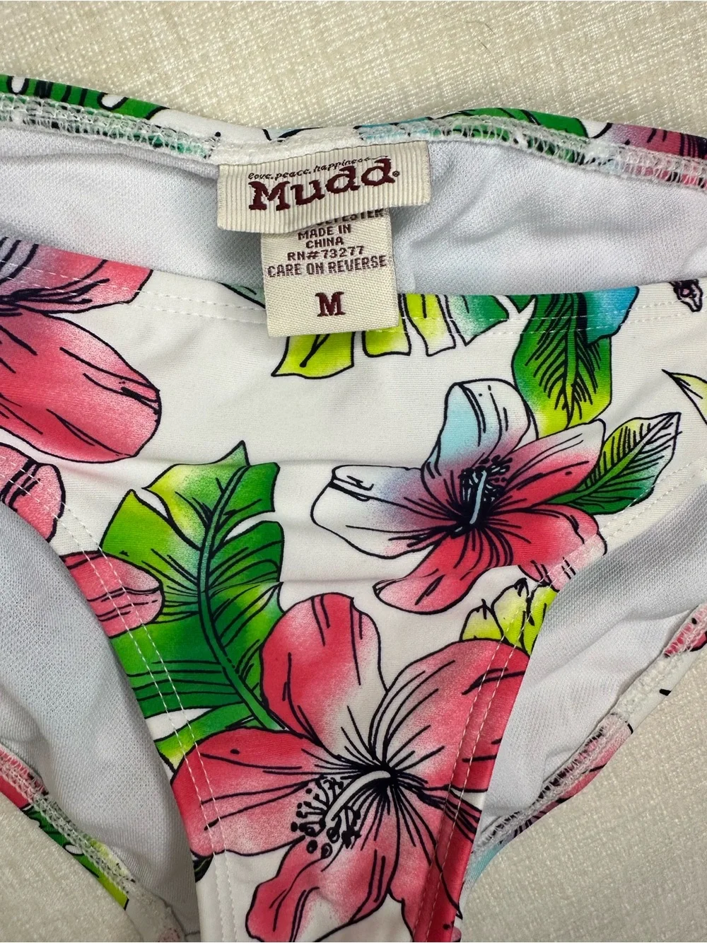 2010’s Mudd White Bikini Bottoms with Pink Floral & Green Leaves